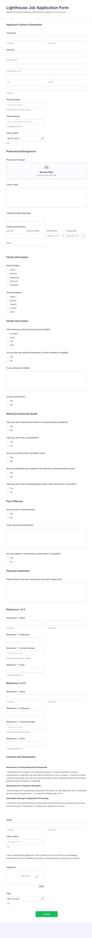 Lighthouse Job Application Form Template