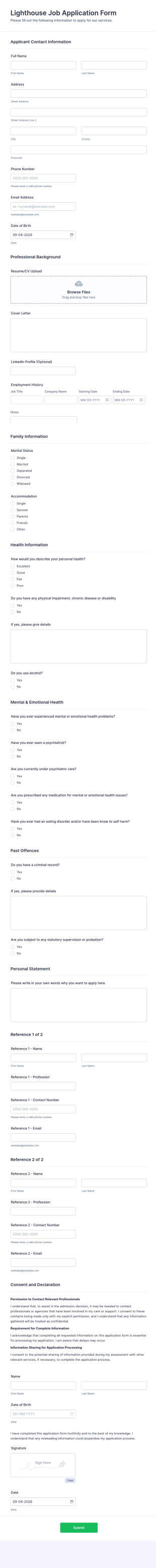 Lighthouse Job Application Form Template