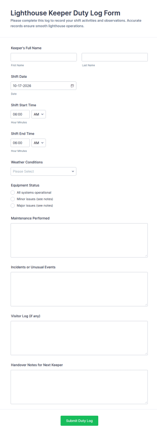 Lighthouse Keeper Duty Log Form Template