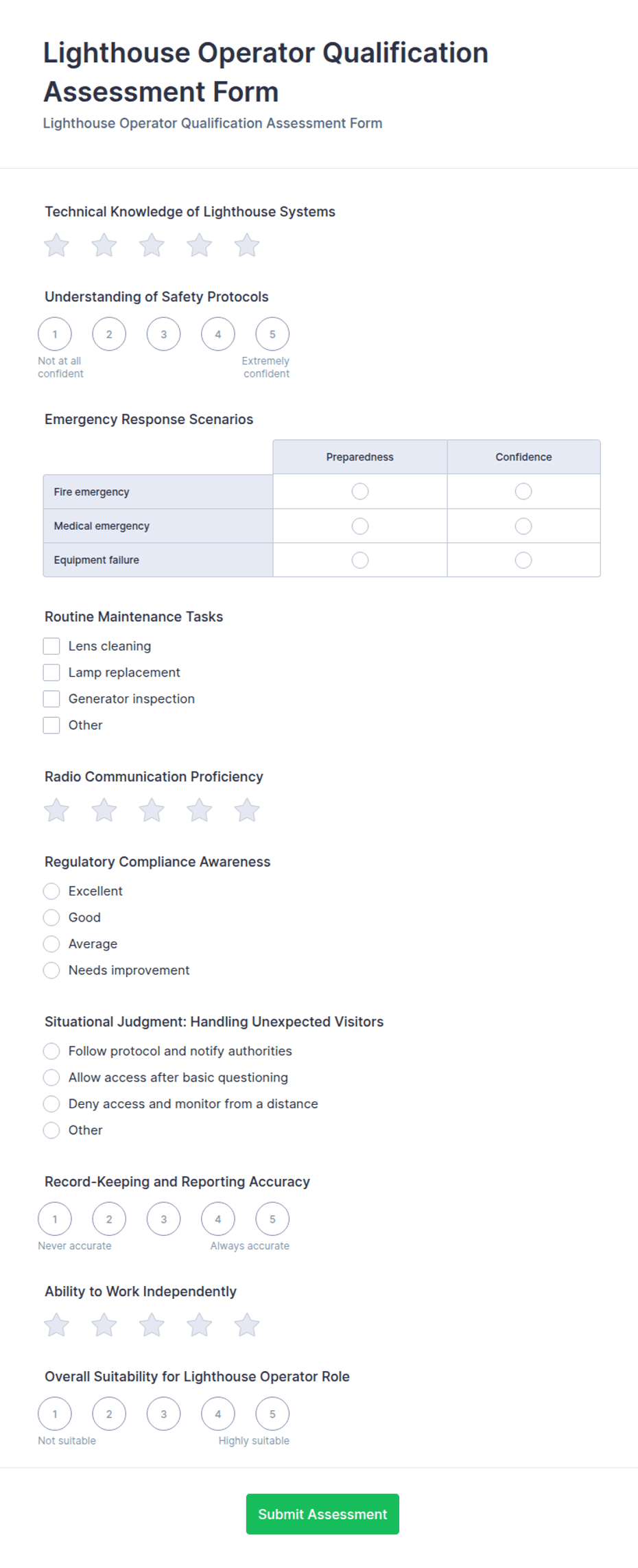 Lighthouse Operator Qualification Assessment Form Template | Jotform