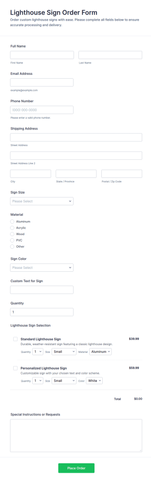 Lighthouse Sign Order Form Template