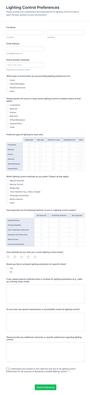 Lighting Control Preferences Form Template