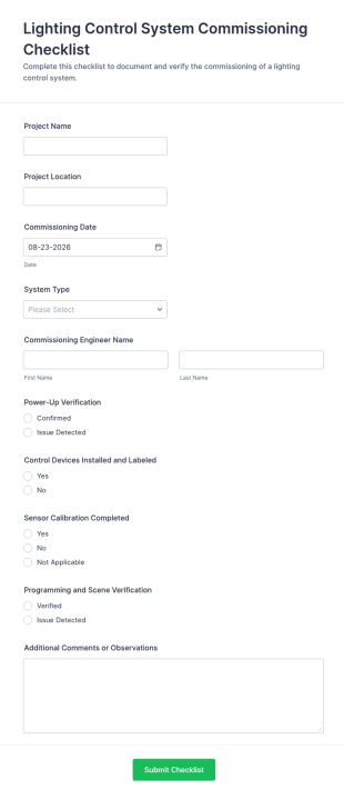 Lighting Control System Commissioning Checklist Form Template