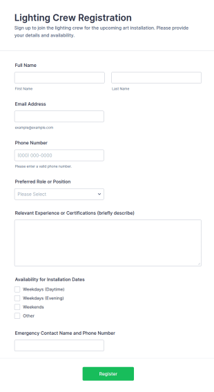 Lighting Crew Registration Form Template