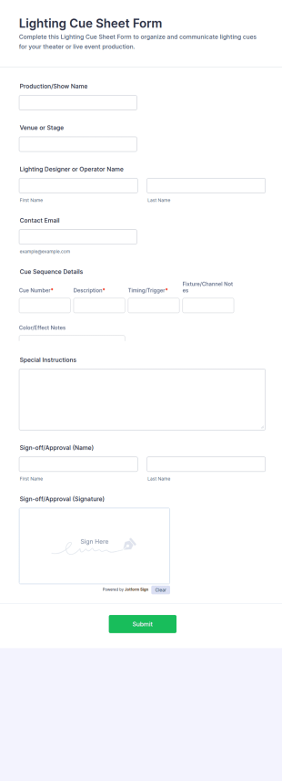 Lighting Cue Sheet Form Template