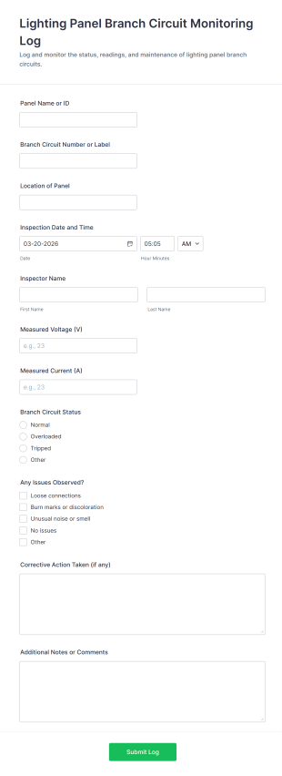 Lighting Panel Branch Circuit Monitoring Log Form Template