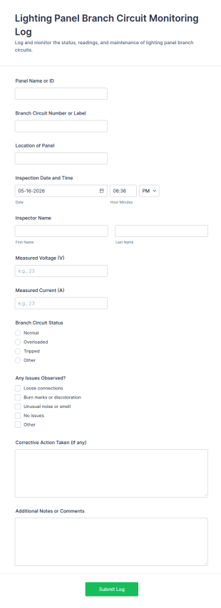 Lighting Panel Branch Circuit Monitoring Log Form Template