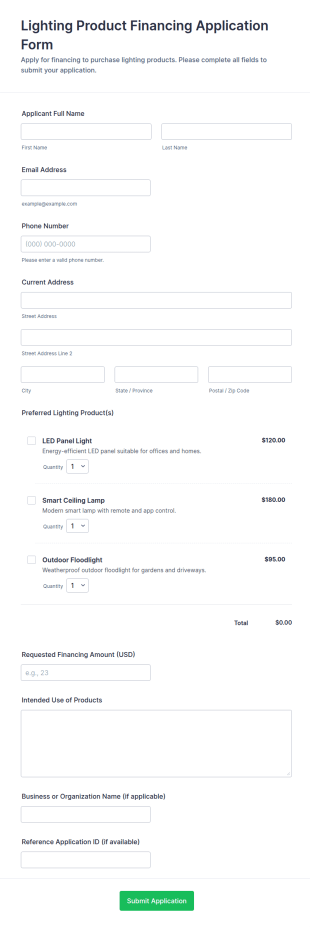 Lighting Product Financing Application Form Template