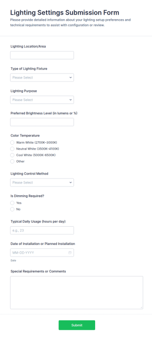 Lighting Settings Submission Form Template