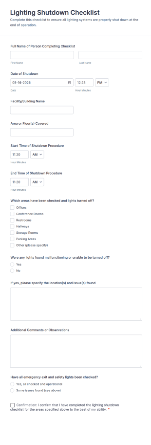 Lighting Shutdown Checklist Form Template