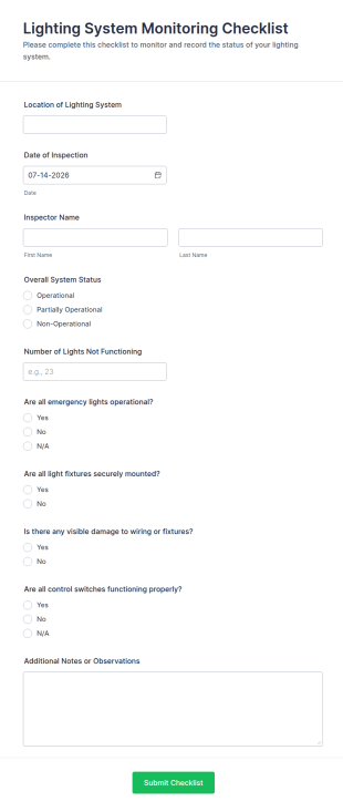 Lighting System Monitoring Checklist Form Template