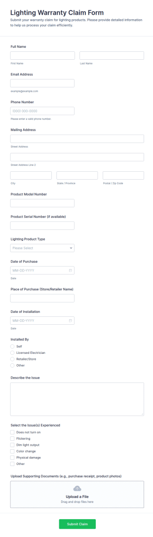 Lighting Warranty Claim Form Template