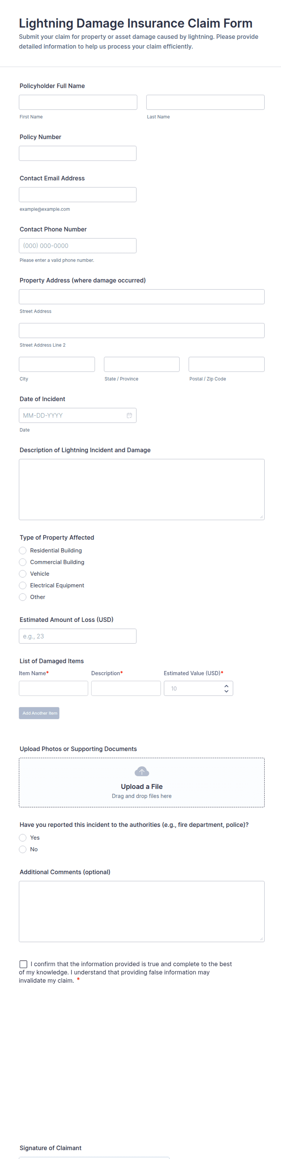 Lightning Damage Insurance Claim Form Template | Jotform