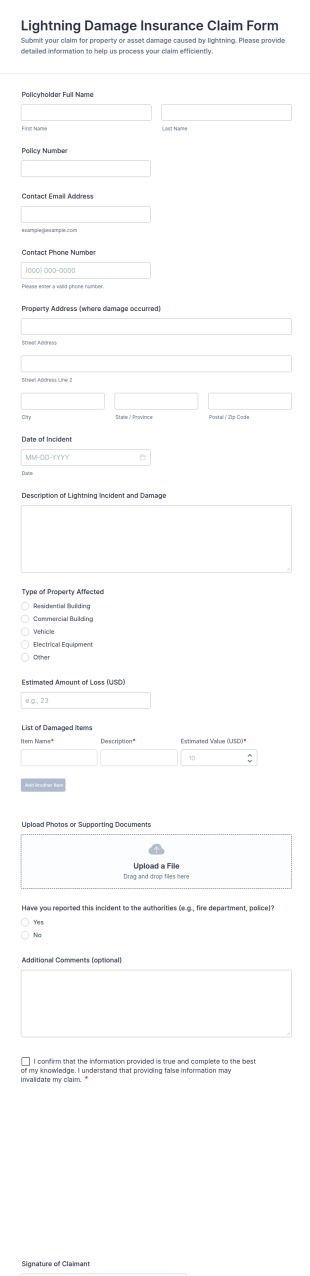 Lightning Damage Insurance Claim Form Template