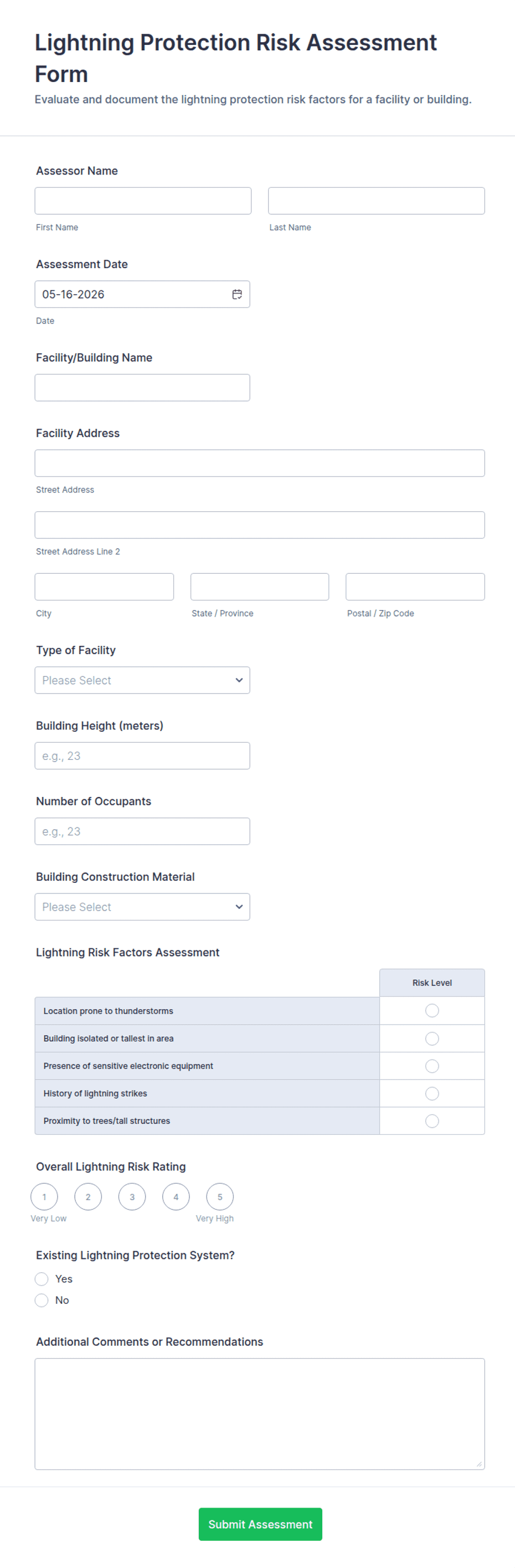 Lightning Form Example Lightning Protection Risk Assessment Form Template | Jotform