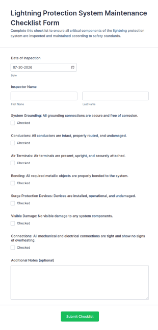 Lightning Protection System Maintenance Checklist Form Template