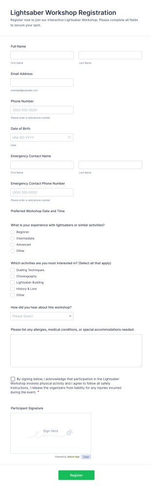 Lightsaber Workshop Registration Form Template