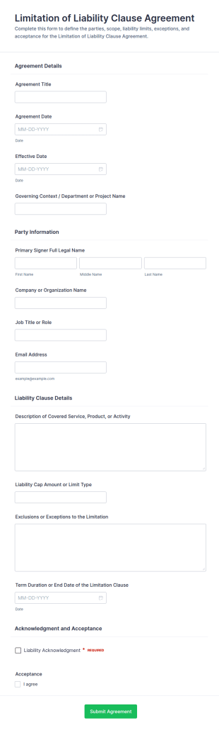 Limitation Of Liability Clause Agreement Form Template