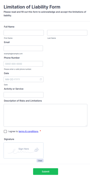 Limitation Of Liability Form Template