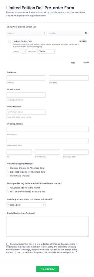 Limited Edition Doll Pre Order Form Template