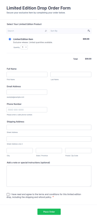 Limited Edition Drop Order Form Template