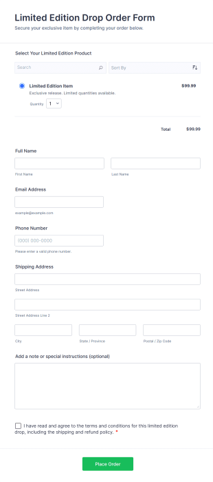 Limited Edition Drop Order Form Template