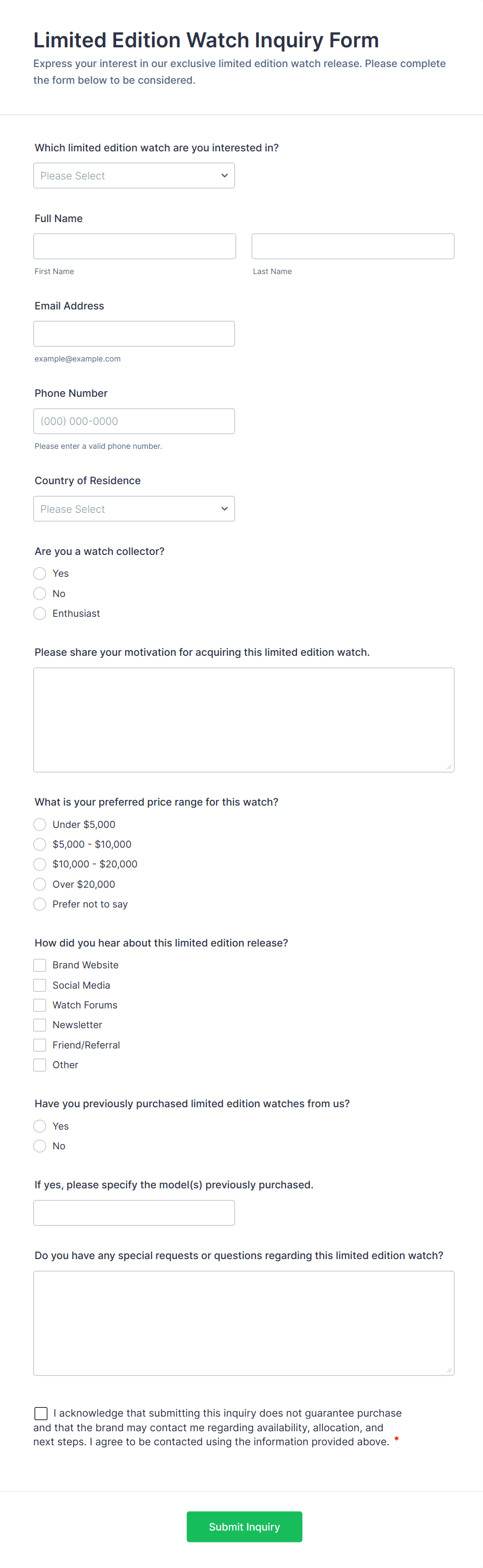 Limited Edition Watch Inquiry Form Form Template | Jotform
