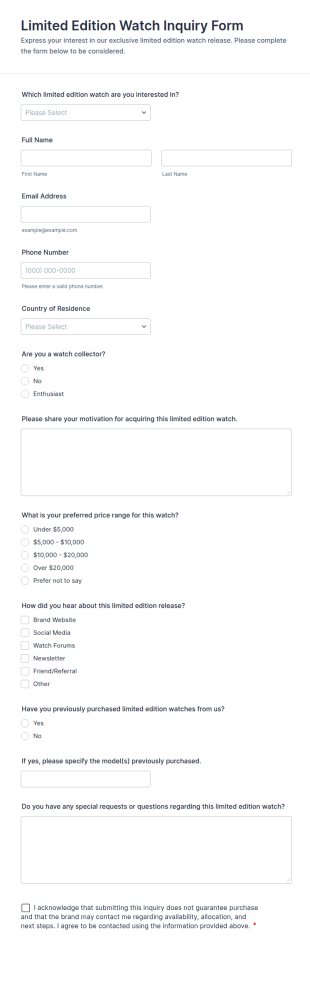 Limited Edition Watch Inquiry Form Template