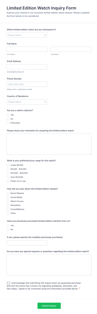 Limited Edition Watch Inquiry Form Template