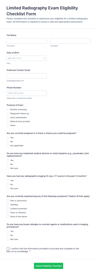 Limited Radiography Exam Eligibility Checklist Form Template