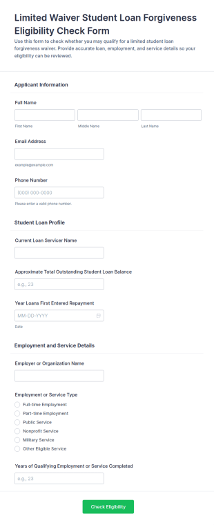 Limited Waiver Student Loan Forgiveness Eligibility Check Form Template