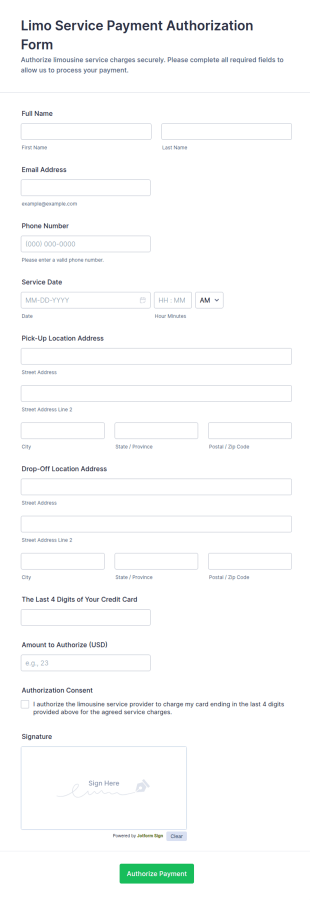 Limo Service Credit Card Authorization Form Template