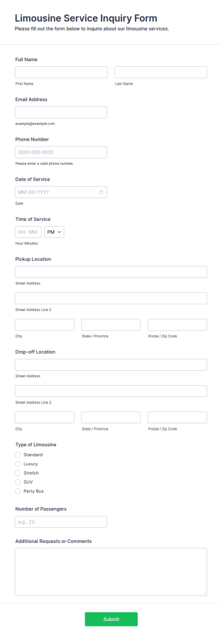 Limousine Service Inquiry Form Template