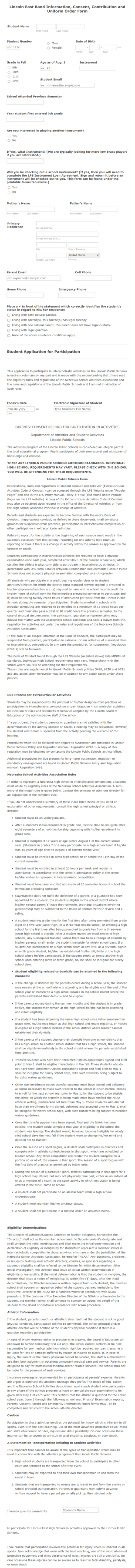 Lincoln East Band Forms Form Template