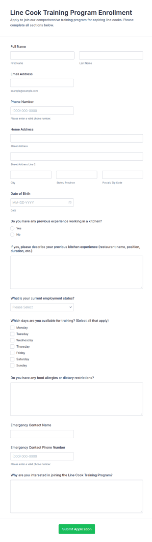 Line Cook Training Program Enrollment Form Template