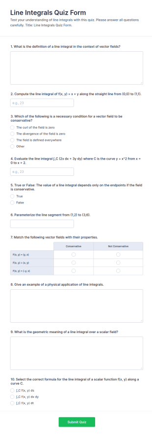 Line Integrals Quiz Form Template