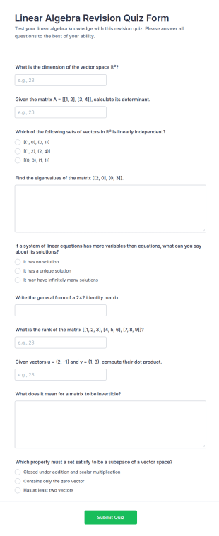 Linear Algebra Revision Quiz Form Template