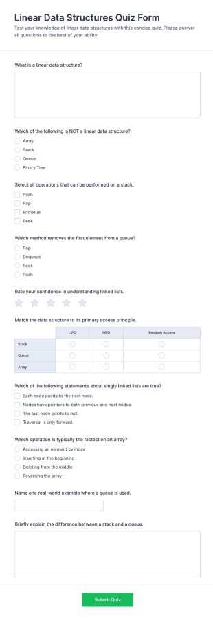Linear Data Structures Quiz Form Template