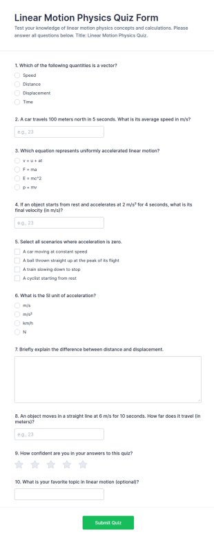 Linear Motion Physics Quiz Form Template