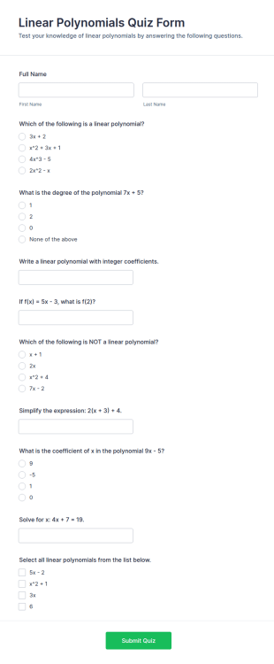 Linear Polynomials Quiz Form Template