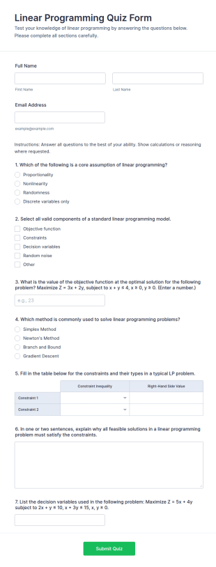 Linear Programming Quiz Form Template