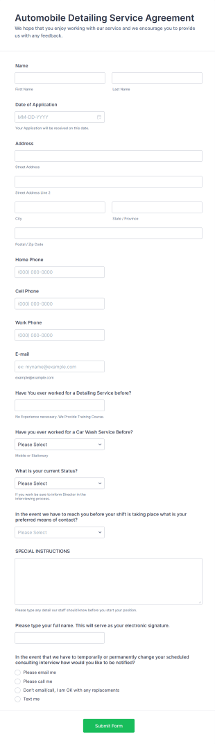 Automobile Detailing And Mobile Car Wash Service Agreement Form Template
