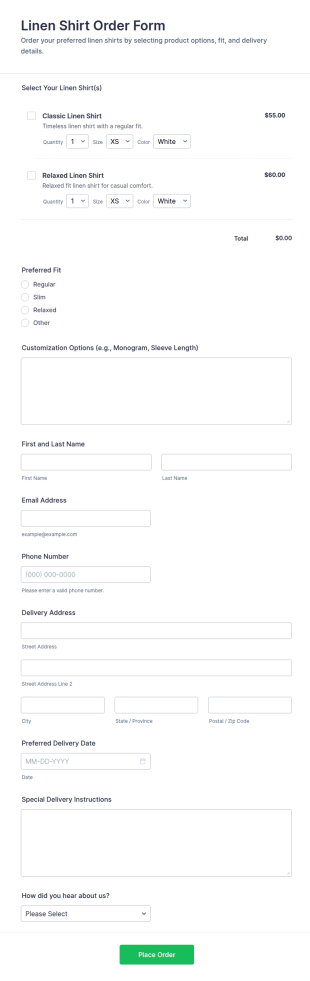 Linen Shirt Order Form Template