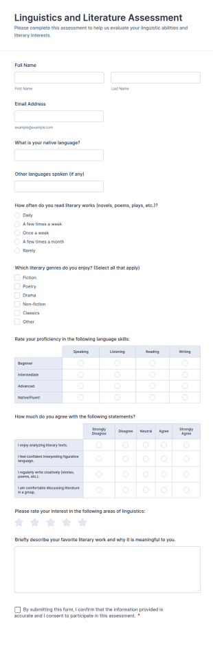Linguistics And Literature Assessment Form Template