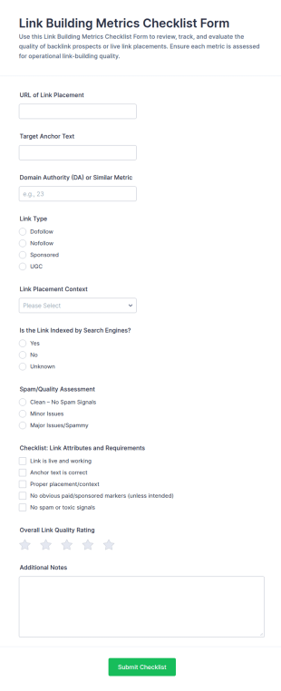 Link Building Metrics Checklist Form Template