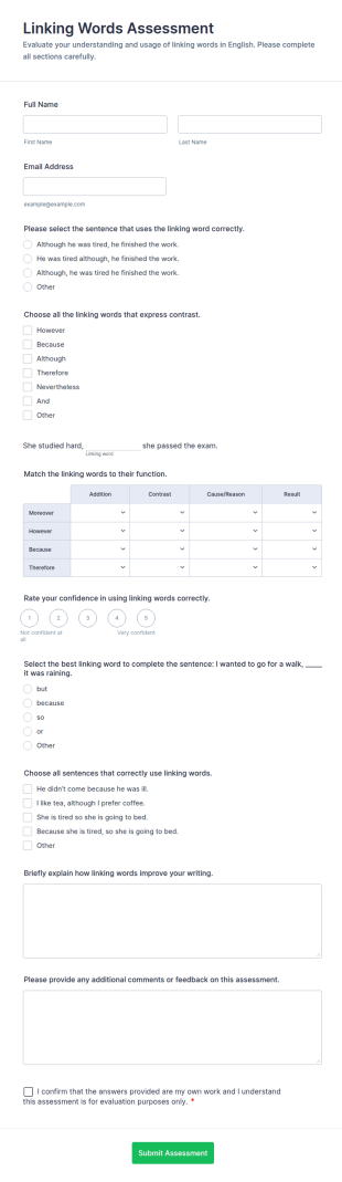 Linking Words Assessment Form Template