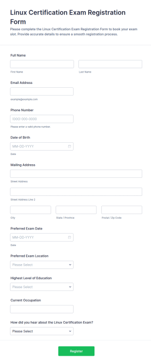 Linux Certification Exam Registration Form Template