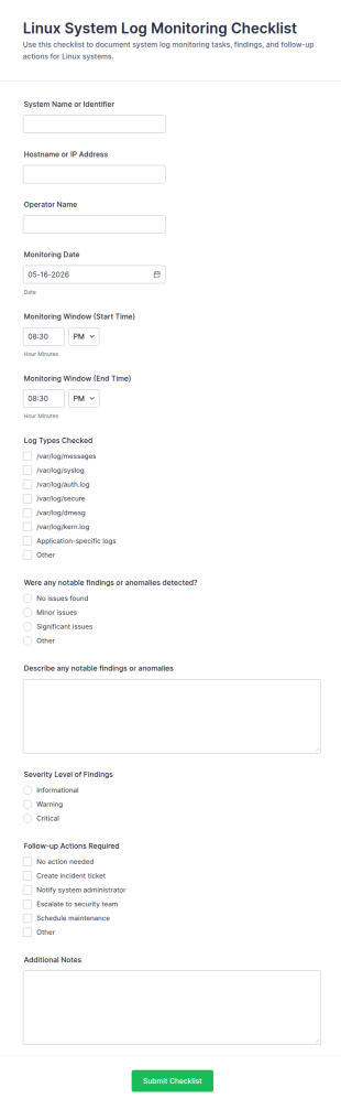 Linux System Log Monitoring Checklist Form Template
