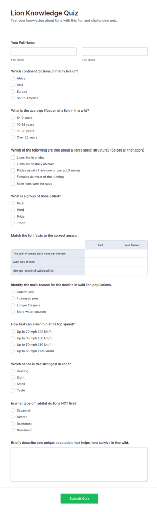 Lion Knowledge Quiz Form Template