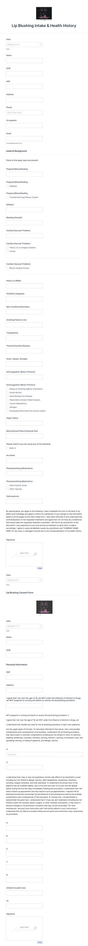 Lip Blushing Intake Form Template